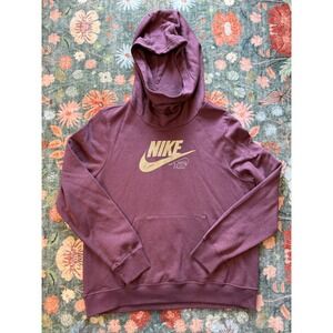 Nike Sportswear Womens Gold Glitter Logo Hoodie Plum Burgundy Large